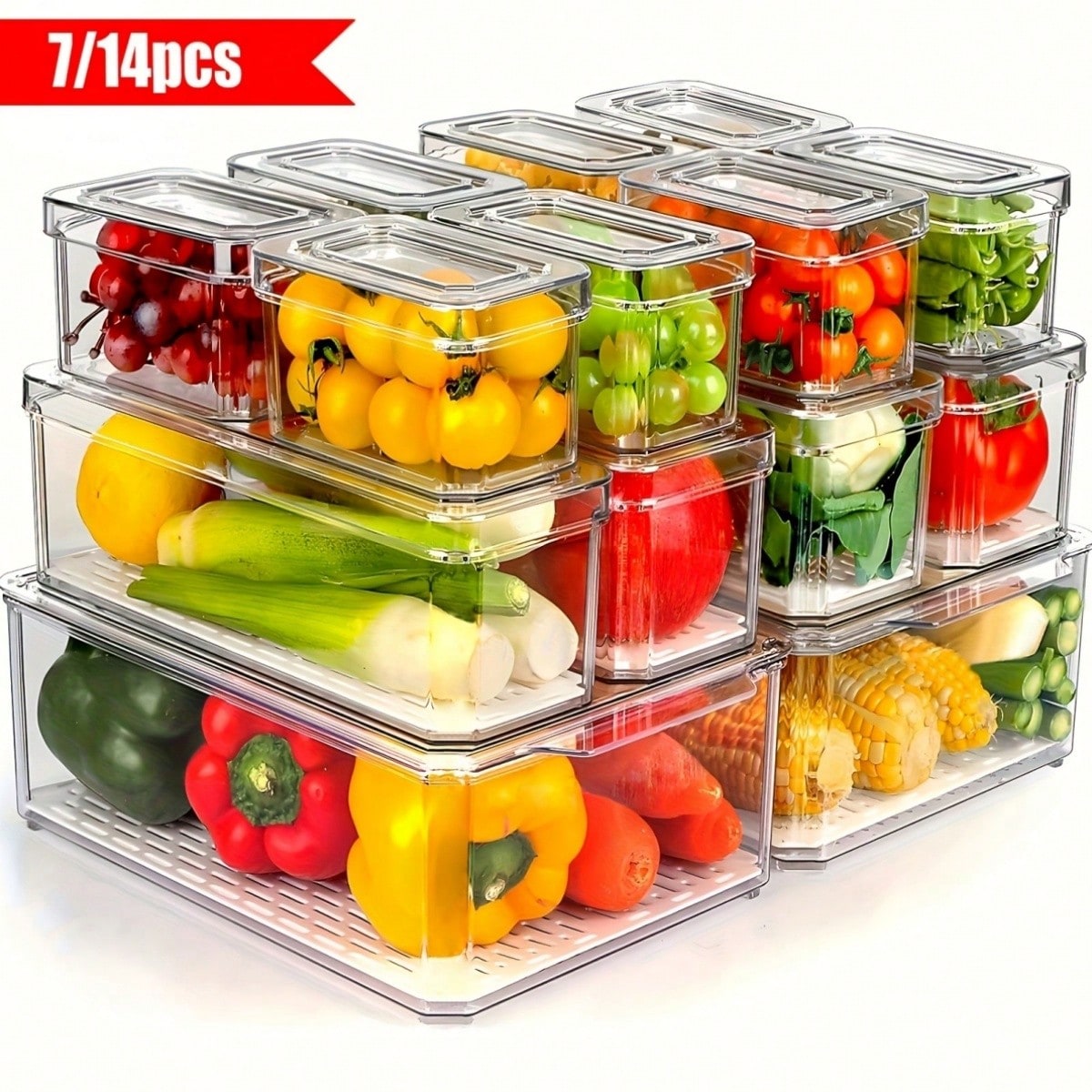 Food Packed Snacks - 7/14-delige stapelbare koelkastopbergbakken met deksels, ruimtebesparende